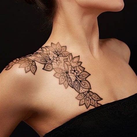 Chest Tattoos For Females Symmetrical Flowers On The Shoulder Black