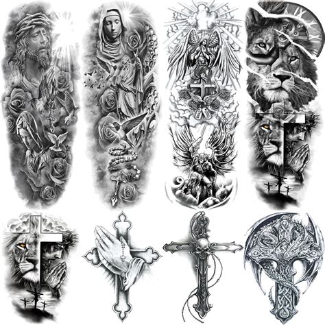 Christian Cross Temporary Tattoo Sleeves For Men 4 Sheet Full Arm Large Religious Jesus God Fake Christian Cross Temporary Tattoo Sleeves For Men 4 Sheet Full Arm Large Religious Jesus God Fake
