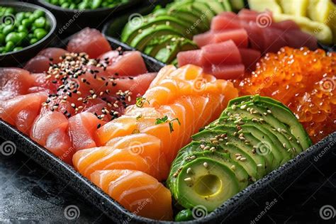 Deconstructed Sushi Bowl With Sliced Sashimi Grade Fish Creamy Avocado