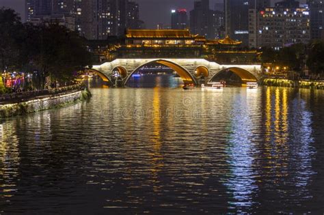 Illuminated Bridge Reflected In The River In Chengdu China Editorial