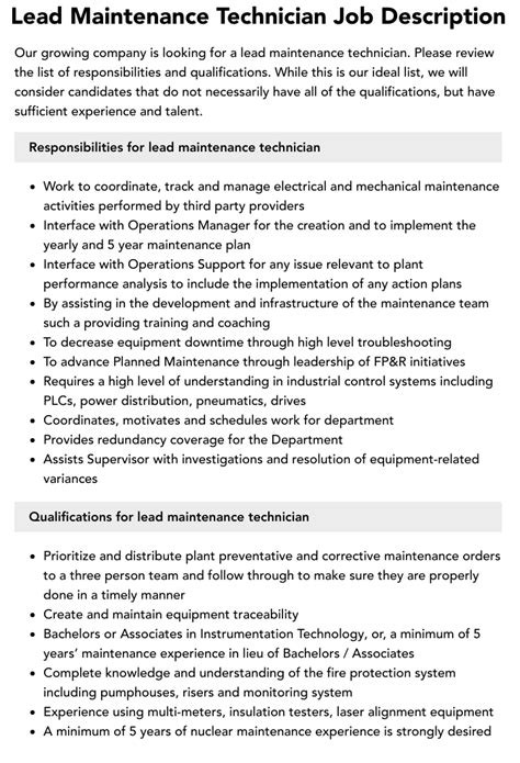 Lead Maintenance Technician Job Description Velvet Jobs