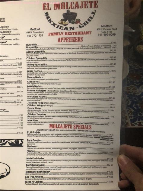 Menu For El Molcajete Mexican Restaurant Medford Or Sirved