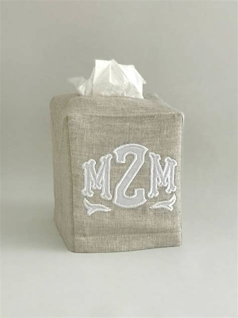 Monogrammed Applique Tissue Box Cover Linen Bathroom White Etsy