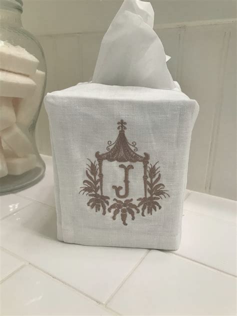 Monogrammed Pagoda Linen Tissue Box Cover Guest Bath Bathroom Decor