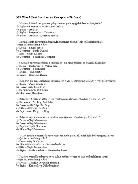 Ms Word Test Sorular Ve Cevaplar 50 Soru Pdf
