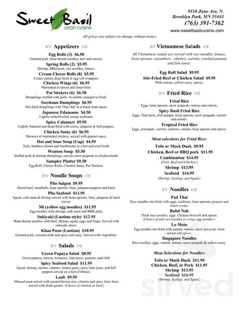 Restaurant Week Menu Sweet Basil Bistro