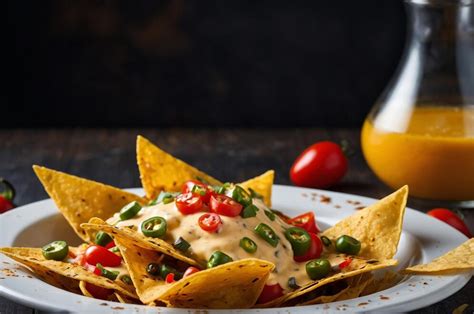 Spicy Nachos With Jalapeno And Cheese Sauce On Wooden Table Premium