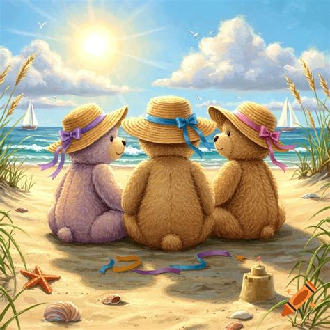 Three Teddy Bears In Straw Hats Sit On A Sunny Beach Looking At The