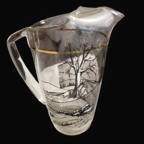 Unmarked Dining Clear Glass Frosted Pitcher Vtg Blk Transfer Trees Unmarked Dining Clear Glass Frosted Pitcher Vtg Blk Transfer Trees
