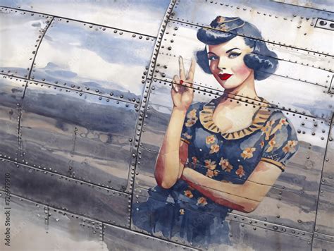 Water Colour Illustration Of Vintage World War 2 Bomber Girl Pinup Girl