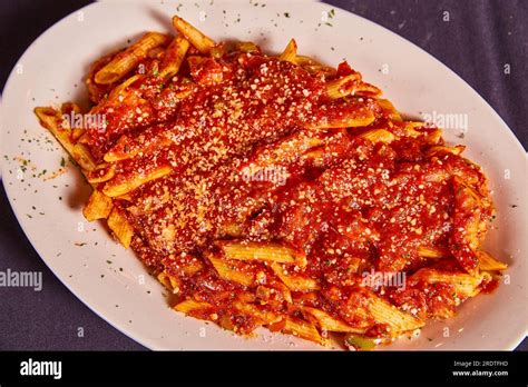 White Plate Of Fontanini Sausage Lunch Special Meal Italian Red Pasta White Plate Of Fontanini Sausage Lunch Special Meal Italian Red Pasta